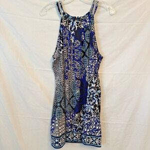 White House Black Market XL Blue Print Sleeveless Stretch Mini Dress Floral